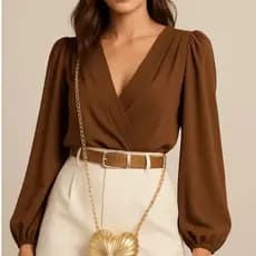 Body Feminino Transpassado Crepe Duna Manga LongaTendencia Moda Blogueira Elegante Social