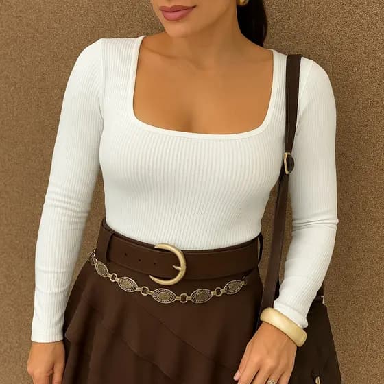 Blusa Feminina Decote Quadrado Manga Longa Assimétrica Ribana Premium Outono Inverno