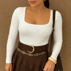 Blusa Feminina Decote Quadrado Manga Longa Assimétrica Ribana Premium Outono Inverno
