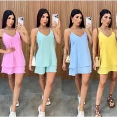 Vestido Feminino Curto Babado Alças Fina Regulável Soltinho Crepe Duna Elegante Confortável