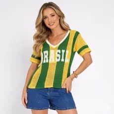 Blusa Feminina Camisa Tricot Brasil Tecido Vazado Decote V Look Brasil Copa Verde Amarela
