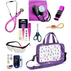 Kit Material Estágio de Enfermagem Aparelho de Pressão e Estetoscópio Duplo com Oximetro e Bolsa  VINHO ROSA PRETO AZUL