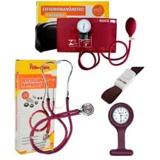 Kit Material Acadêmico Enfermagem Completo Estetoscópio Duplo + Relógio Estágio - Cores VINHO ROSA PRETO AZUL