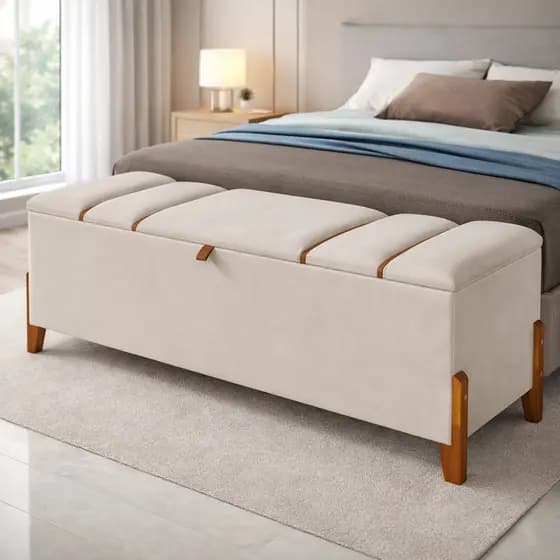 Recamier Baú Estofado Pés de Madeira Cama Casal Luxo Banco Decoração 130cm Madeira Organizador