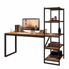Escrivaninha Industrial com Estante Lateral 3 Prateleiras | Mesa Home Office Madeira  Cor Canela