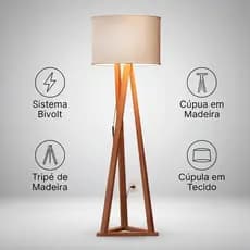 Luminária Chão Tripé Madeira Cúpula Abajur Sala Quarto Escritório Moderna Elegante Decorativa
