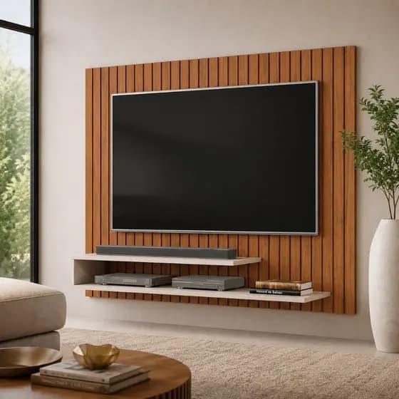 Painel Para Tv Ripado Até 55 Polegadas Suspenso Com Prateleiras Home Rack Ripe Freijo/Off White