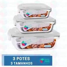 Kit 3 Potes Marmita Fit Tampa Retangular 370ml 640ml 1040ml