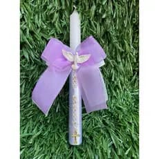 Vela Decorada Personalizada com Nome e Laço Lilás – Lembrancinha Batizado/Primeira Comunhão