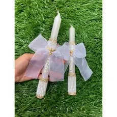 Vela Decorada Personalizada com Nome – Laço Branco e Pérolas Luxo