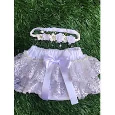 Kit Saída Maternidade Luxo Renda Branca com Pérolas + Tiara Floral para Bebê-calcinha de batizado