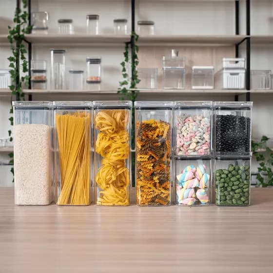 8 Potes Herméticos em Acrílico Cristal para Cozinha e Design Empilhável Organizador para Mantimentos