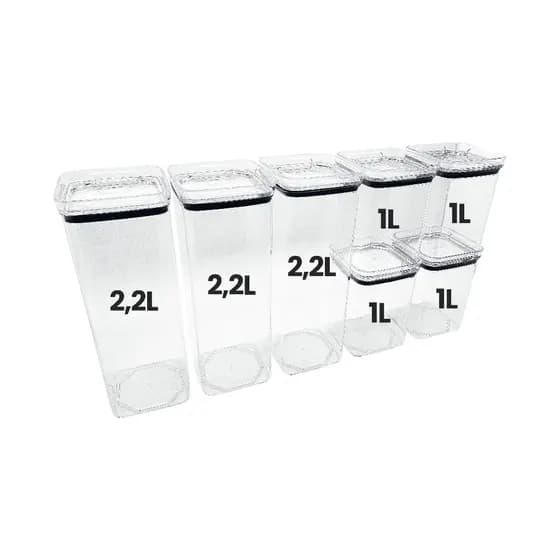 Kit 7 Potes Empilhável Herméticos Transparente Resistente Cozinha Armário Organiza Alimentos Pote