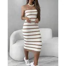Vestido Trico Modal Comprido Listrado Alcinha Moda Feminina