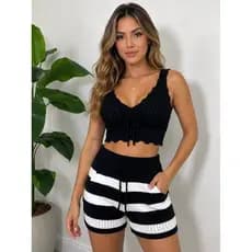 Conjunto Feminino Trico Modal Listrado Cropped e Short Ajustável