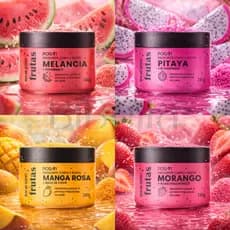 Kit com 4 Esfoliantes Cheiro de Fruta Porán - Melancia - Pitaya - Manga Rosa - Morango - Corporal e Facial