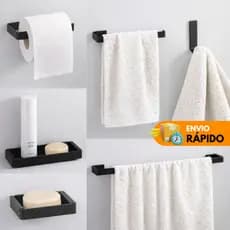Kit Acessórios Para Banheiro Preto Fosco - Suporte Toalha - Saboneteira - Porta Papel Higiênico - Porta Shampoo