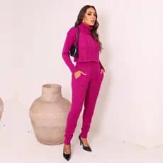 Conjunto feminino 2 peças blusa manga longa e calça de tricot com bolso empina bumbum