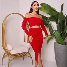 Conjunto de festa feminino saia longa e blusa top tomara que caia manga longa com botões fake