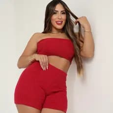 Conjunto feminino de trico 2 peças shortinho e top cropped tomara que caia
