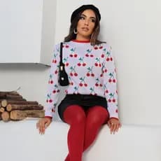 Blusa feminina de tricô manga longa estampa de cerejinha natal ano novo