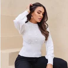 Blusa feminina croppef manga longa de tricot elegante gola redonda casual