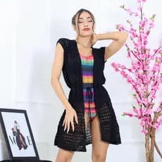 Saida De Praia Banho Trico Kimono Cardigan Amarrar Tricot Linda