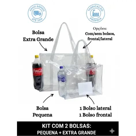 Kit 2 Sacolas Bolsas Transparente Multiuso com 2 tamanhos EXTRA GRANDE e PEQUENA