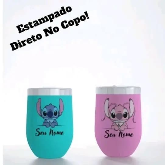 Copo Térmico Personalizado Com Nome 350ml Stitch e Angel Aço Inox Com Tampa Presente Criativo Escolar Infantil