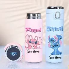 Garrafa Térmica Com Nome Lilo e Stitch Aço Inox Termômetro Display Digital Vácuo Squeeze Bebidas Geladas Quentes Escolar