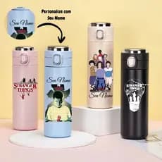 Garrafa Térmica Personalizada Stranger Things Com Nome Aço Inox Bebida Quente Fria Com Medidor De Temperatura Termômetro