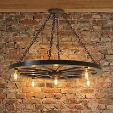Luminária Rustica Roda de Carroça De Madeira Decoração Industrial Lustre Pendente Bivolt Bocal E-27