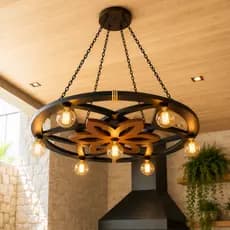 Luminária Pendente Lustre Rustico Rustica Madeira Roda Flor Mandala Decoração Corda Sisal Estilo Caibro Carroça