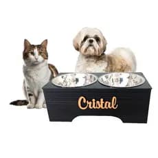 COMEDOURO DUPLO ELEVADO GATOS CÃES DE PEQUENO PORTE 3MM PRETO PERSONALIZADO