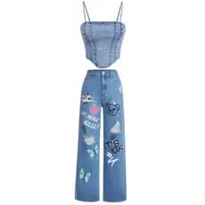 Conjunto Croped Jeans Com Calça wide leg pantalona juvenil Menina