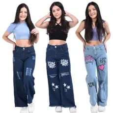 Kit 3 Calças Wide Leg Estampada Jeans Meninas Infantil Juvenil