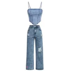 Conjunto Jeans  infantil juvenil  menina calça wide leg + cropped jeans