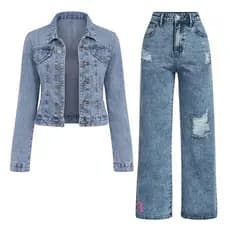 Kit jaqueta jeans + Calça wide leg  infantil Blusa de frio juvenil do 10 aos 16 anos