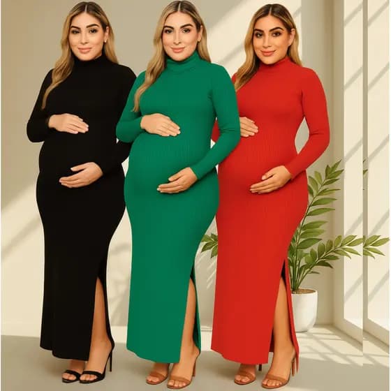 Kit 3 Vestidos Maternidade Gestante Canelado Gola Alta e Fenda Lateral Moda de Inverno Gestantes Gravidez