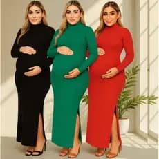 Kit 3 Vestidos Maternidade Gestante Canelado Gola Alta e Fenda Lateral Moda de Inverno Gestantes Gravidez