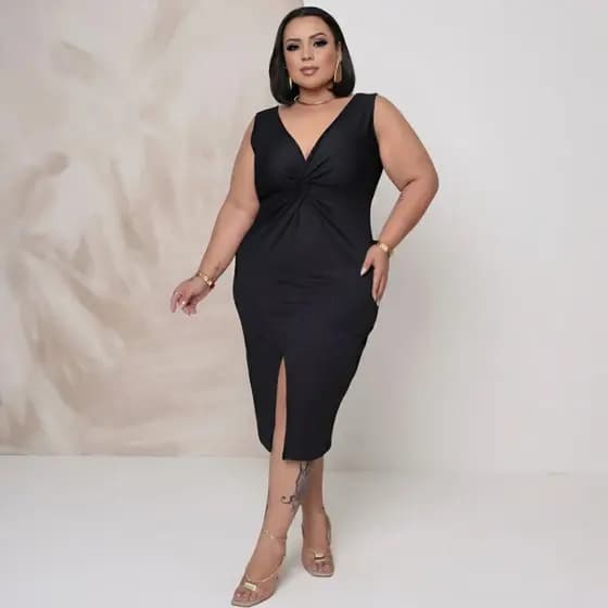 Vestido Regata Plus Size Feminino Midi Canelado gola em V fenda Frontal moda Casual feminina