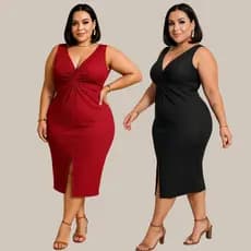 Kit 2 Vestidos Regata Plus Size Feminino Midi Canelado Elastano gola em V fenda Frontal moda Casual moderna feminina