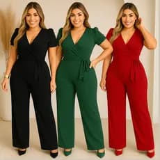 Macacão Feminino Manga Curta Liso Canelado Elastano Decote em V Calça Pantalona Moda Feminina Chique Casual Moderna 2025