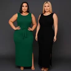 Kit 2 Vestidos Plus Size Elegante Chique Regata Canelado Poliéster Laço para Amarração Fenda Lateral Longo Moda de Verão