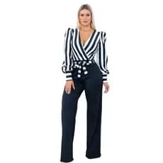 Conjunto Macacão Feminino Longo Pantalona Social Elegante chique com malha canelada decote em laço moda feminina