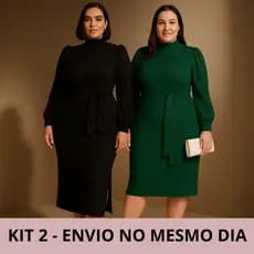 Kit 2 Vestidos Manga Longa Plus Size Bufante de Princesa Laço em Amarração  Canelado e Poliéster Moda de Inverno Casual