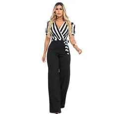 Macacão Feminino Listrado Manga Curta Pantalona Social Elegante chique com malha canelada decote em  V moda feminina