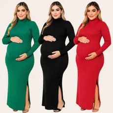 Vestido Maternidade Gestante Canelado Gola Alta e Fenda Lateral Moda de Inverno Gestantes Gravidez