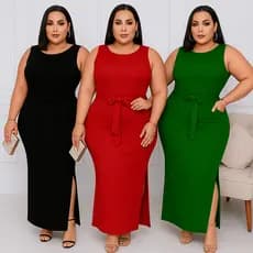 Vestido Plus Size Elegante Chique Regata Canelado e Poliéster Laço para Amarração e Fenda Lateral