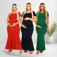 Kit 3 Vestidos de Manga Curta Gestante Confortavel Elastico Canelado Longo Chique,Gravidas e Maternidade